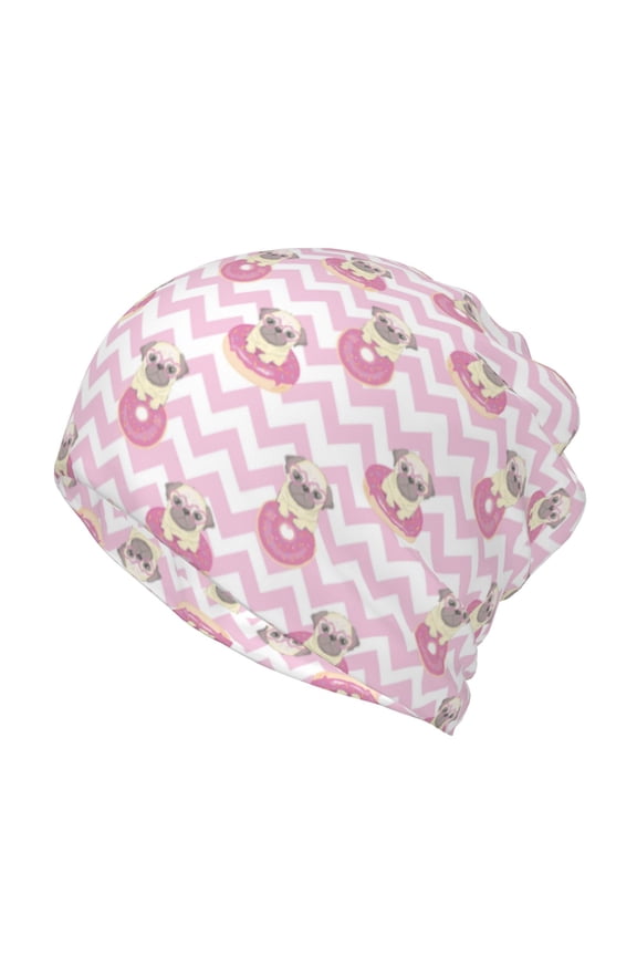 Pug And Donut Cotton Slouchy Beanie Hat for Men/Women,Lightweight Oversize Large Thin Skull Cap Night Sleeping Cap