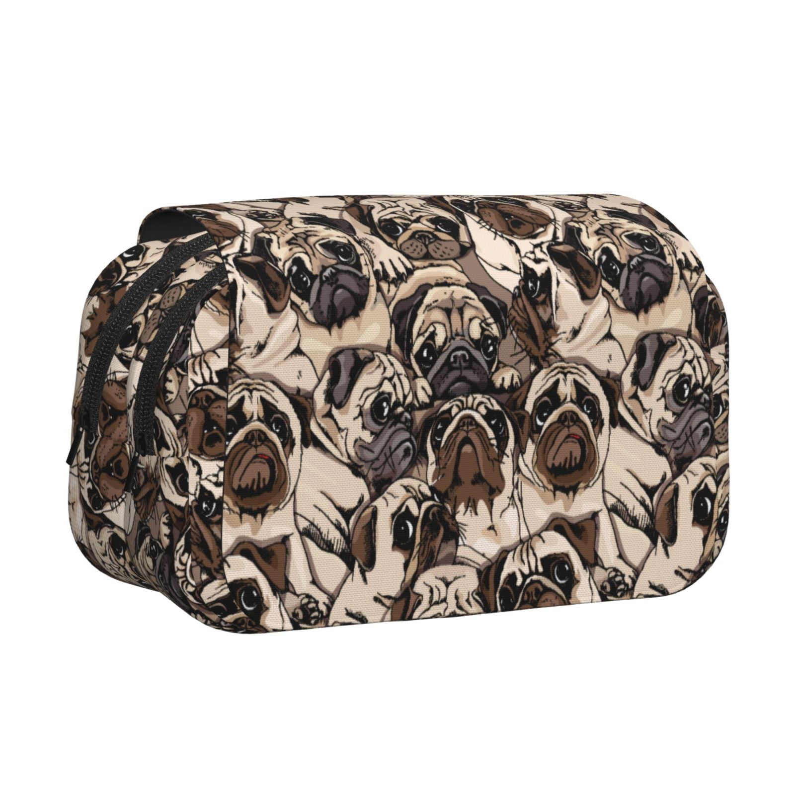 Rateoe Pug Pattern Double Clamshell Pen Case, Storage Organizer with Two Zipper Compartments– Holds Up to 50 Pencils & Pens