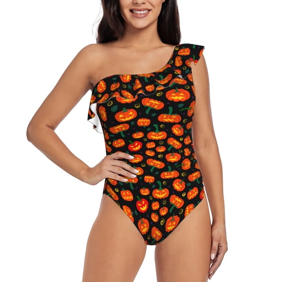 Rateoe Pumpkin Fallen Leaves Pattern Women One Piece Swimsuits Tummy Control One Shoulder Bathing Suits Ruffle Swimwear-Large
