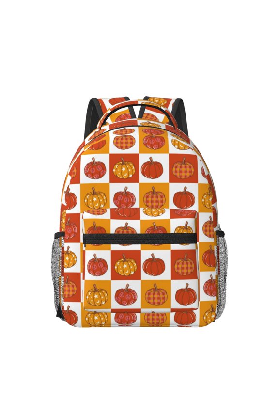 Pumpkin Plaid Pattern Durable Student Backpack Laptop Bag- Ergonomic Design, Waterproof Twill Fabric - Ideal for School, Travel, and Outdoor Activities-One Size