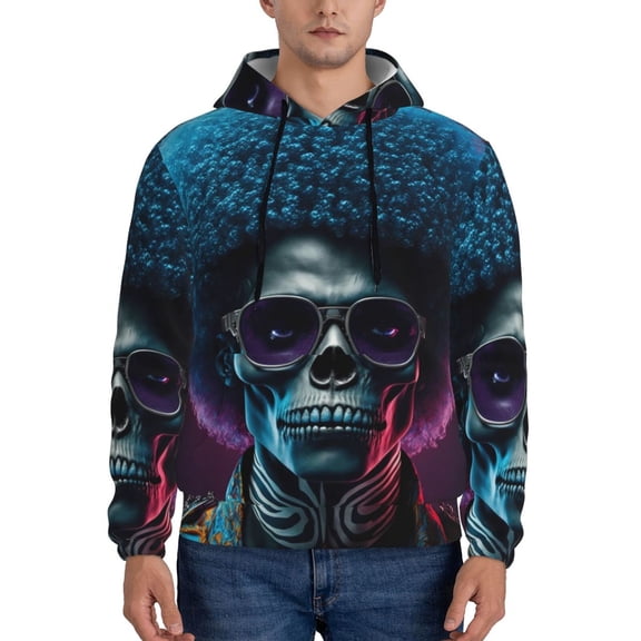 Rateoe Punk Style Blue Haired Skull Pattern Mens Hoodie, Pullover Hooded Sweatshirt, Kangaroo Pocket Hoodie Ideal for Daily Wear, Travel and Home-Large