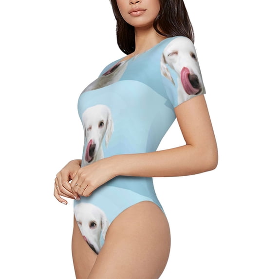 Rateoe Puppy Licks Nose Printed Women Rash Guard Short Sleeve,Tummy control Swimsuit Surfing Swimsuit Bathing Suit Short-sleeved Onesie UPF 50+