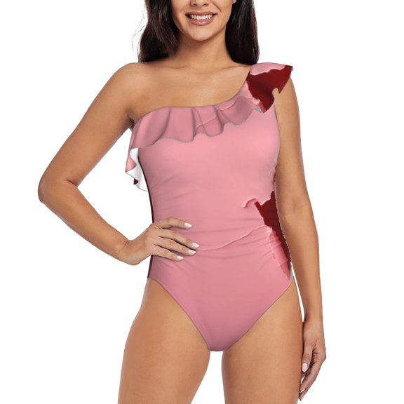 Rateoe Puppy Peeking Through Pink Pattern Women One Piece Swimsuits Tummy Control One Shoulder Bathing Suits Ruffle Swimwear-