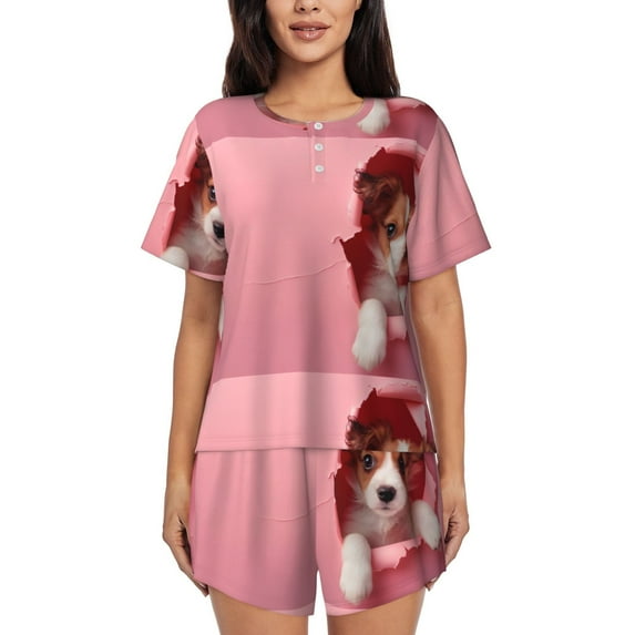 Rateoe Puppy Peeking Through Pink Pattern Women's Short-Sleeved Pajama Set - 2 Piece Soft and Lightweight Sleepwear Set-XX-Large