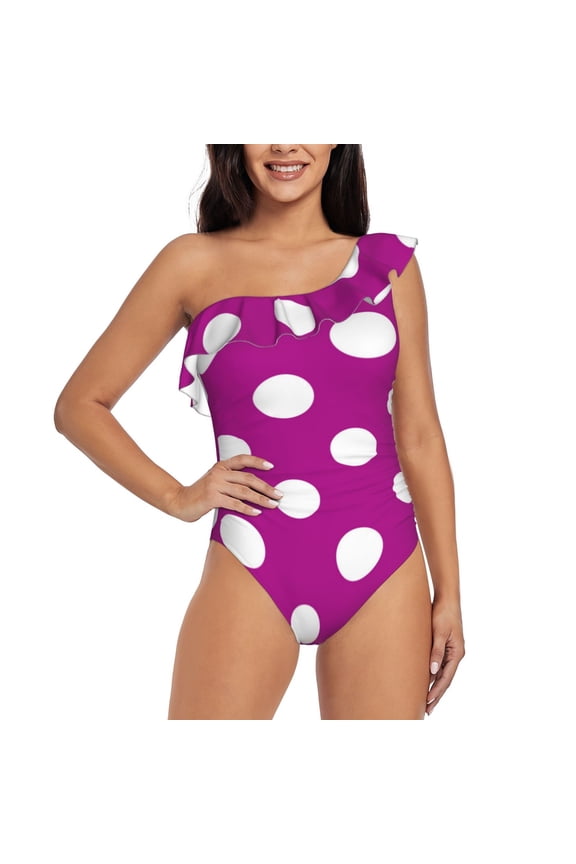 Purlpe And White Polka Dot Pattern Women One Piece Swimsuits Tummy Control One Shoulder Bathing Suits Ruffle Swimwear-