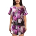 thumbnail image 1 of Rateoe Purple And Pink Tulip Bouquet Pattern Women's Short-Sleeved Pajama Set - 2 Piece Soft and Lightweight Sleepwear Set-Large, 1 of 7