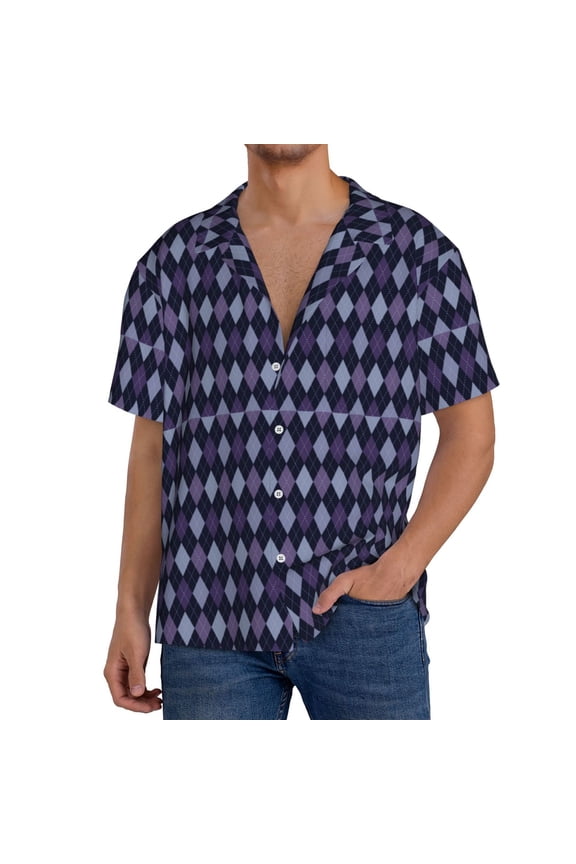 Purple and Blue Squares Pattern Men's Short Sleeve Classic Shirt, Casual Short-Sleeved Shirt, Lightweight Summer Shirt, Cuban Collar Shirt,Button-Front Shirt-