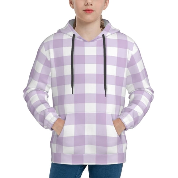 Rateoe Purple Checkboard Pattern Boys Hoodie, Youth Pullover Hooded Sweatshirt, Kangaroo Pocket Hoodie for Kids-Small