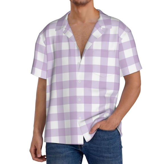 Rateoe Purple Checkboard Pattern Men's Short Sleeve Classic Shirt, Casual Short-Sleeved Shirt, Lightweight Summer Shirt, Cuban Collar Shirt,Button-Front Shirt-Small
