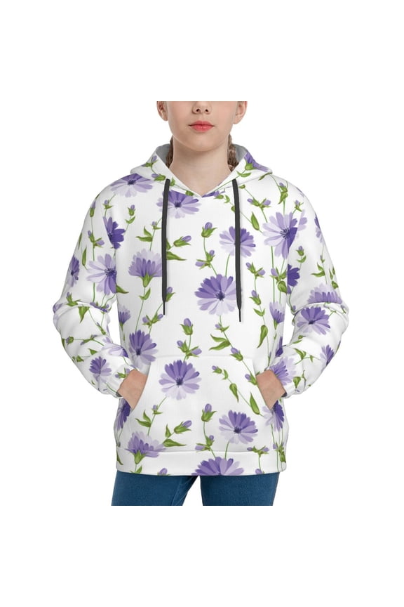 Purple Chicory Pattern Boys Hoodie, Youth Pullover Hooded Sweatshirt, Kangaroo Pocket Hoodie for Kids-Medium