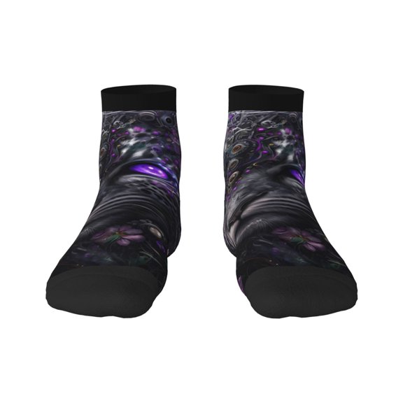 Rateoe Purple-Eyed Floral Leopard Pattern Quarter Crew Socks,Toe Seamed Ankle Socks,Cotton Cushioned Breathable Athletic Crew Sports Socks