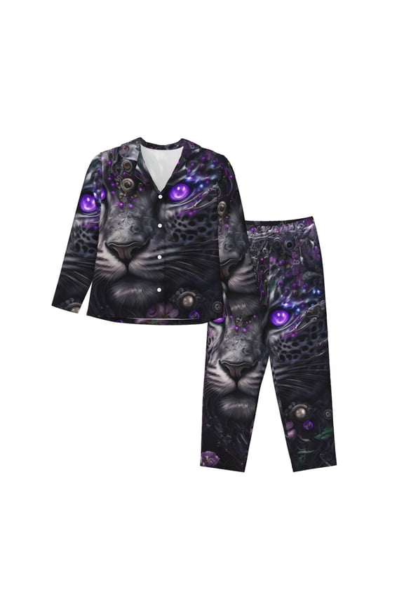 Purple-Eyed Floral Leopard Pattern Womens Pajamas Set Long Sleeve Sleepwear Button Down Nightwear Soft Cotton Pj Lounge Sets