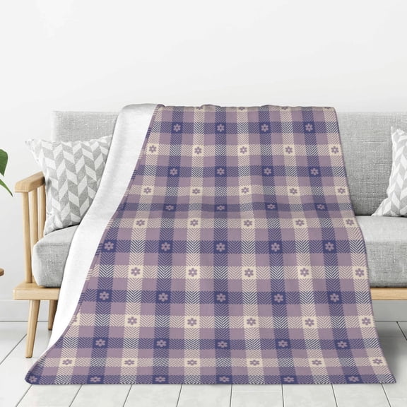 Rateoe Purple Floral Gingham Check Plaid Pattern Flannel Throw Blanket, Ultra-soft Blanket for Bed, Couch, Car, Hypoallergenic Anti-pilling blanket-60"x50"(Vertical)