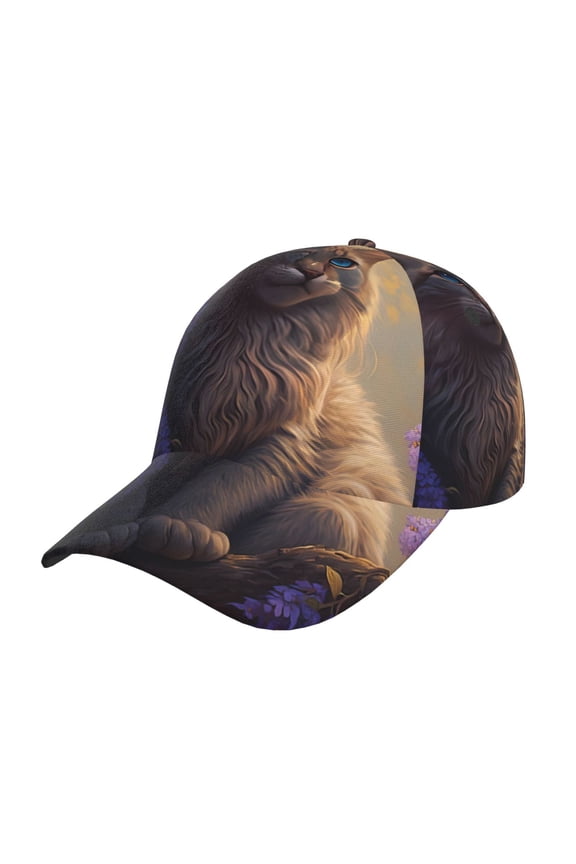 Purple Flower Lazy Cat Pattern Mens Baseball Cap  Adjustable Curved Brim Hat, Soft Cotton Sports Cap for Outdoor, Casual, and Everyday Wear, Comfortable & Breathable