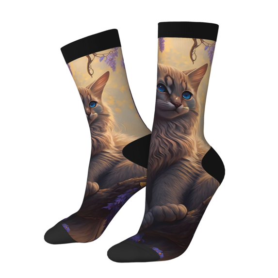 Rateoe Purple Flower Lazy Cat for Women Casual Calf Socks - Cute Crew Socks - Thin Soft Above Ankle Socks Size 5-11