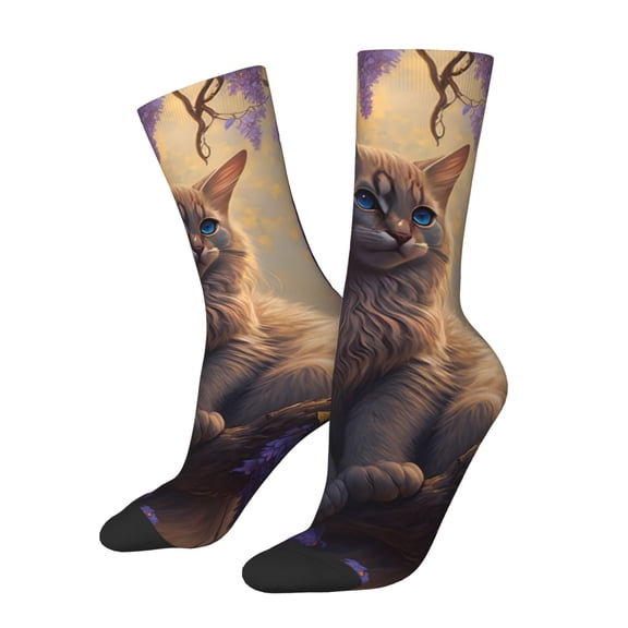 Rateoe Purple Flower Lazy Cat for Women Casual Calf Socks - Cute Crew Socks - Thin Soft Above Ankle Socks Size 5-11