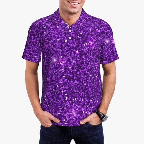 Rateoe Purple Glitter Pattern Men's Short Sleeve Polo Shirts, Golf Polo Shirts Short Sleeve Performance Moisture Wicking Dry-3X-Large