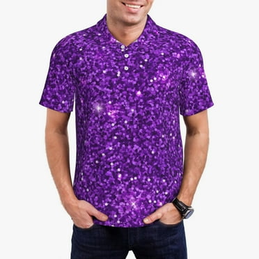 Rateoe Purple Glitter Pattern Men's Short Sleeve Polo Shirts, Golf Polo Shirts Short Sleeve Performance Moisture Wicking Dry-Small