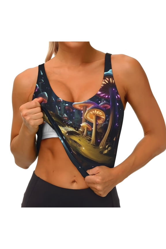Purple Glowing Mushroom Print Womens' Sports Bras Scoop Neck Sports Vest- Padded U Back Seamless High Impact Support