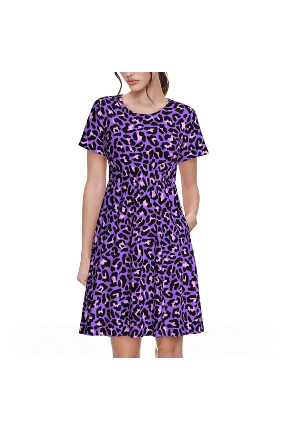 Purple Leopard Pattern Women’s Short Sleeve Dress – Casual Elegant Summer A-Line Dress for Everyday Wear