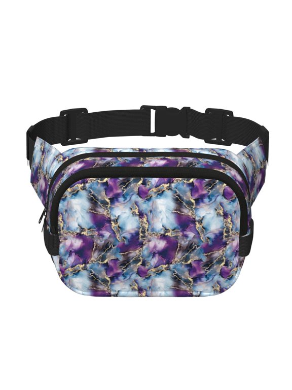 Purple Marble Texture Print Fanny Pack Belt Bag for Women and Men, Square Double-Layer Waterproof Waist Pack with Adjustable Strap for Hiking, Jogging, Cycling