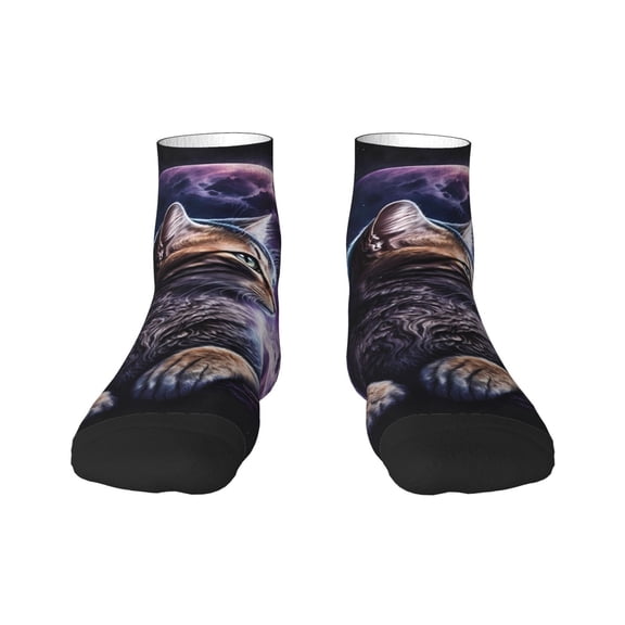 Rateoe Purple Moon Cat Pattern Quarter Crew Socks,Toe Seamed Ankle Socks,Cotton Cushioned Breathable Athletic Crew Sports Socks