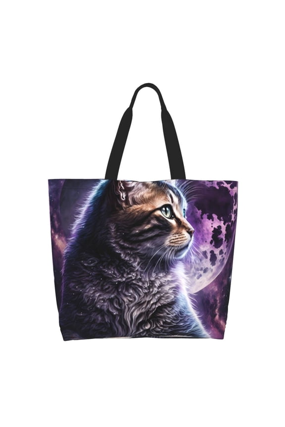Purple Moon Cat Tote Bag - Waterproof Lightweight Handbags Travel Shoulder Bag for Hiking Yoga Gym Swimming Travel Beach