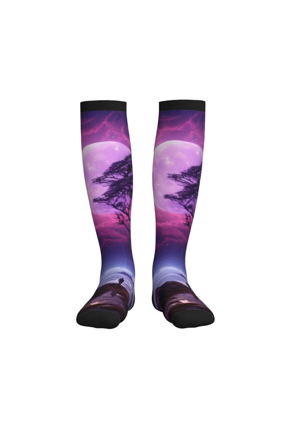 Purple Moon Tree Night Sky Compression Socks for Women and Men 20-30mmHg-Circulation Support Socks Knee High Nurse Pregnant Running Medical and Travel Athletic