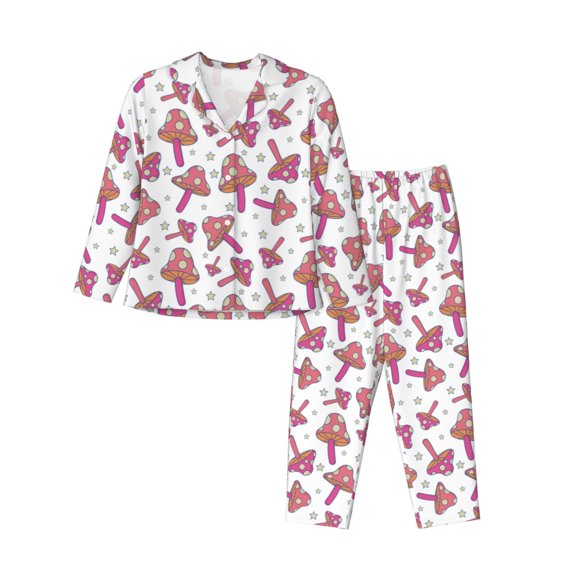 Rateoe Purple Mushroom Pattern Womens Pajamas Set Long Sleeve Sleepwear Button Down Nightwear Soft Cotton Pj Lounge Sets
