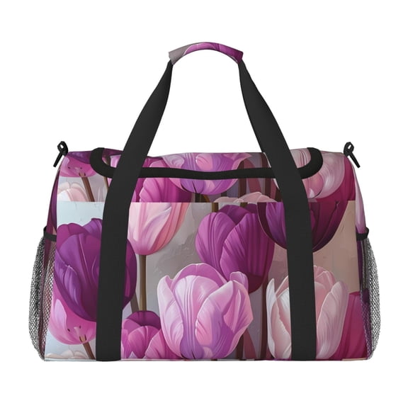 Rateoe Purple And Pink Tulip Bouquet Pattern Gym Bag for Women, Duffle Bag for Travel with Wet Pocket, Carry on Weekender Bags for Women, Water Resistant Travel Bag Duffel Bag