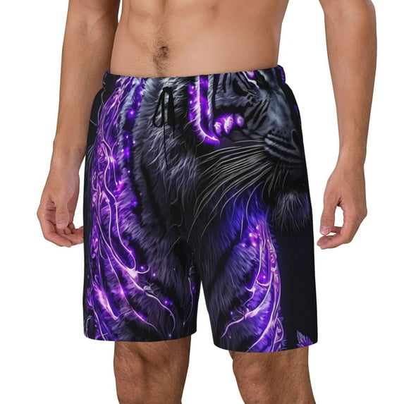 Rateoe Purple Plant White Tiger Pattern Men’s Swim Shorts with Compression Liner – Double-Layered Quick-Dry Swimwear, Comfortable & Stretchy Beach Shorts-XX-Large