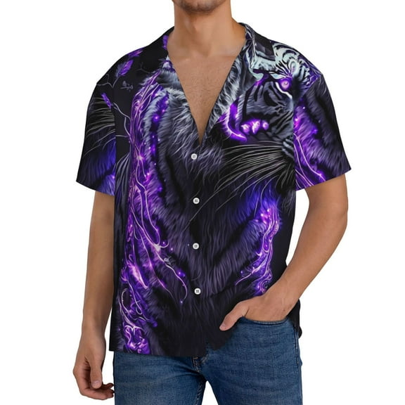 Rateoe Purple Plant White Tiger Print Mens Front Pocket Hawaiian Shirts Casual Shirts Short Sleeve Button Down Beach Tropical Shirts-Medium