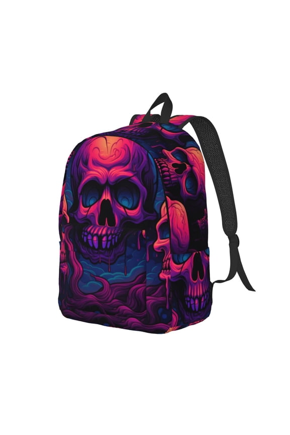 Purple-Red Skull Pattern Durable Canvas Backpack for Men & Women – Stylish & Lightweight – Adjustable Straps, Multiple Pockets – Fits 15-17 Inch LaptopsSmall