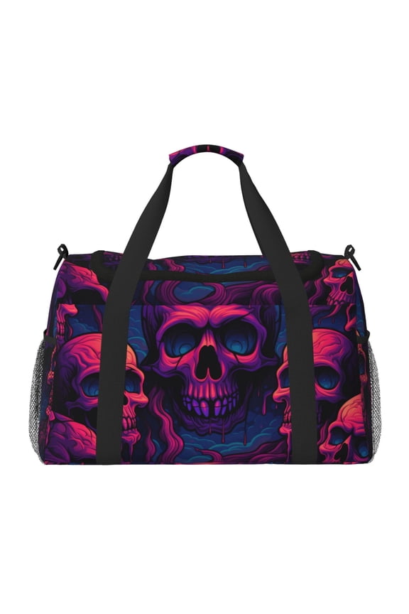 Purple-Red Skull Pattern Gym Bag for Women, Duffle Bag for Travel with Wet Pocket, Carry on Weekender Bags for Women, Water Resistant Travel Bag Duffel Bag