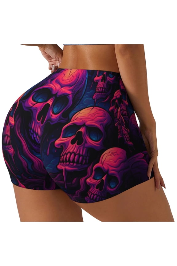 Purple-Red Skull Printed Power Workout Shorts for Women Tummy Control Squat Proof Ribbed Thick Seamless Scrunch Active Short-Large