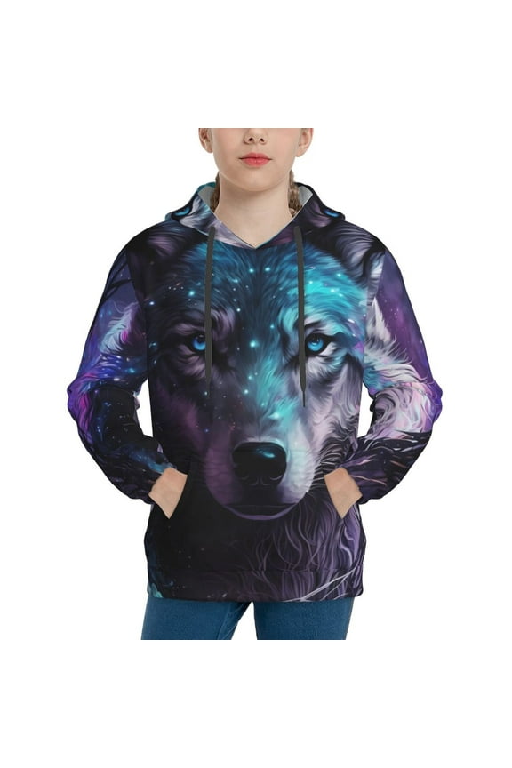 Purple Sky Wolf Pattern Boys Hoodie, Youth Pullover Hooded Sweatshirt, Kangaroo Pocket Hoodie for Kids-