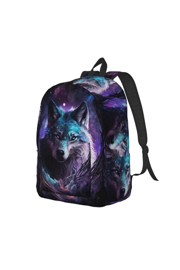 Purple Sky Wolf Pattern Durable Canvas Backpack for Men & Women – Stylish & Lightweight – Adjustable Straps, Multiple Pockets – Fits 15-17 Inch LaptopsSmall