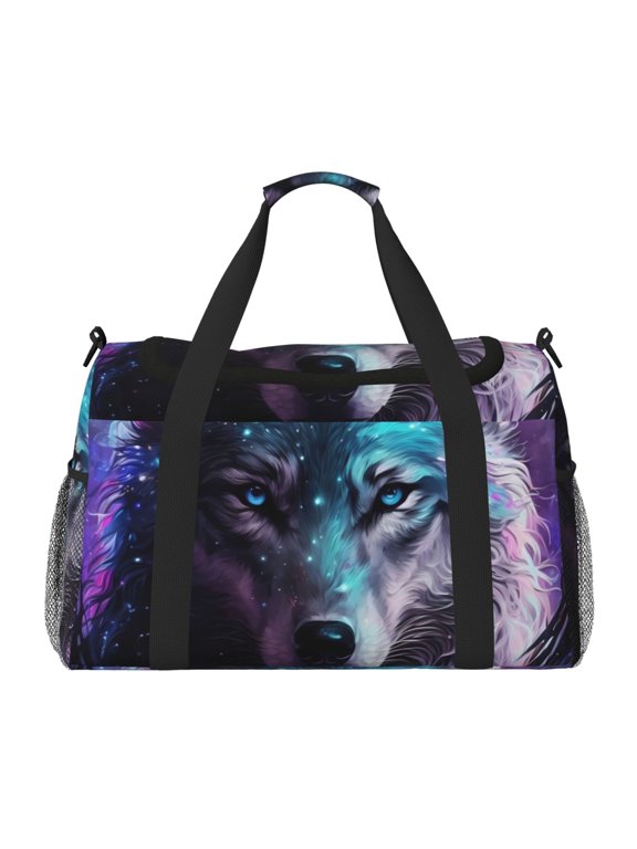 Purple Sky Wolf Pattern Gym Bag for Women, Duffle Bag for Travel with Wet Pocket, Carry on Weekender Bags for Women, Water Resistant Travel Bag Duffel Bag