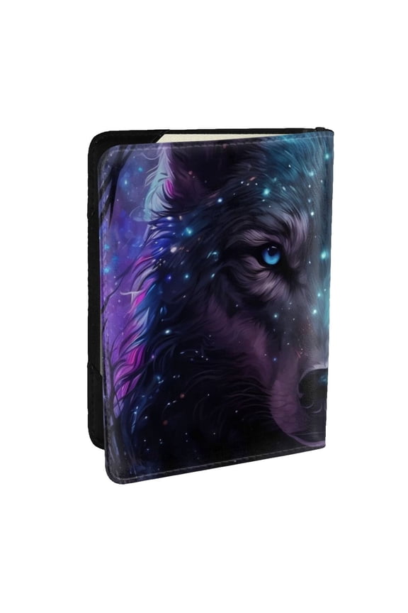 Purple Sky Wolf Pattern Passport Holder Wallet Leather Mulit-purpose Travel Wallet Credit Cards Case ,Passport Cover for Women Men-6.5 in
