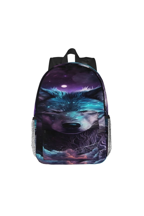 Purple Sky Wolf Pattern Student Backpack Water-resistant Backpack 15-inch Laptop Backpack Lightweight Adjustable School Backpack