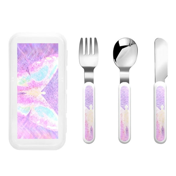 Rateoe Purple Sparkling Butterfly for Stainless Steel Kids Silverware Set - Child and Toddler Safe Flatware - Children's Knife, Fork And Spoon Set