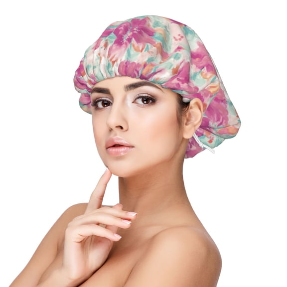 Rateoe Purple Watercolor Flowers Pattern Silk Satin Hair Bonnet for Sleeping, Adjustable Sleep Cap Turban for Women , Curly Straight Hair Long Large Braid