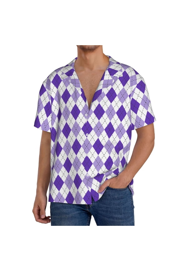 Purple argyle Pattern Men's Short Sleeve Classic Shirt, Casual Short-Sleeved Shirt, Lightweight Summer Shirt, Cuban Collar Shirt,Button-Front Shirt-X-Large