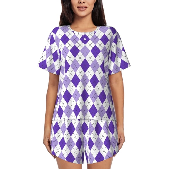 Rateoe Purple argyle Pattern Women's Short-Sleeved Pajama Set - 2 Piece Soft and Lightweight Sleepwear Set-Large