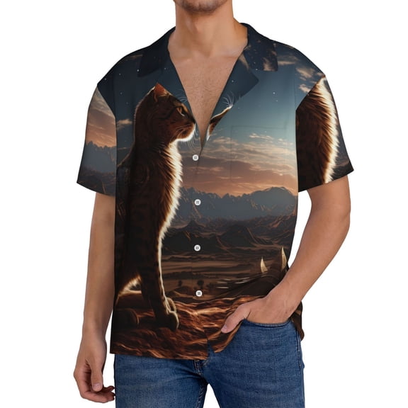 Rateoe Pyramid Desert Cat Pattern Men's Short Sleeve Classic Shirt, Casual Short-Sleeved Shirt, Lightweight Summer Shirt, Cuban Collar Shirt,Button-Front Shirt-4X-Large