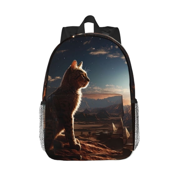 Rateoe Pyramid Desert Cat Pattern Student Backpack Water-resistant Backpack 15-inch Laptop Backpack Lightweight Adjustable School Backpack