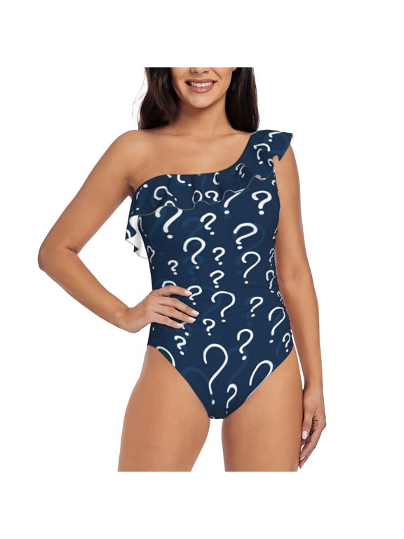 Question Marks Pattern Women One Piece Swimsuits Tummy Control One Shoulder Bathing Suits Ruffle Swimwear-X-Large