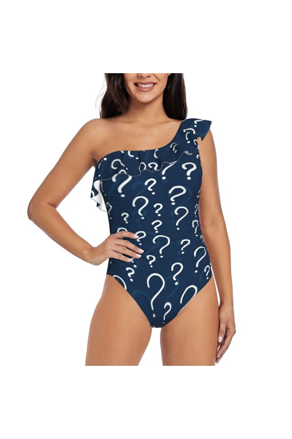 Question Marks Pattern Women One Piece Swimsuits Tummy Control One Shoulder Bathing Suits Ruffle Swimwear-