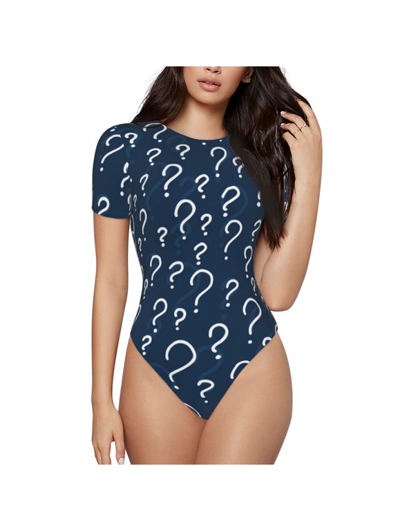 Question Marks Printed Women Rash Guard Short Sleeve,Tummy control Swimsuit Surfing Swimsuit Bathing Suit Short-sleeved Onesie UPF 50+ -Medium