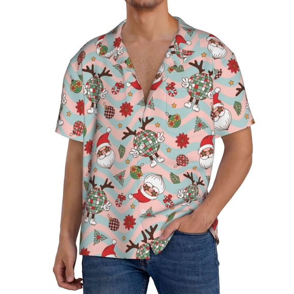 Rateoe Quirky Santa Reindeer Retro Wave Pattern Men's Short Sleeve Classic Shirt, Casual Short-Sleeved Shirt, Lightweight Summer Shirt, Cuban Collar Shirt,Button-Front Shirt-4X-Large
